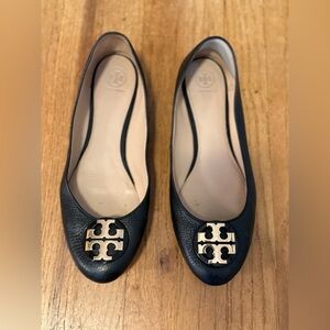 Tory Burch Black Flats with Gold Logo